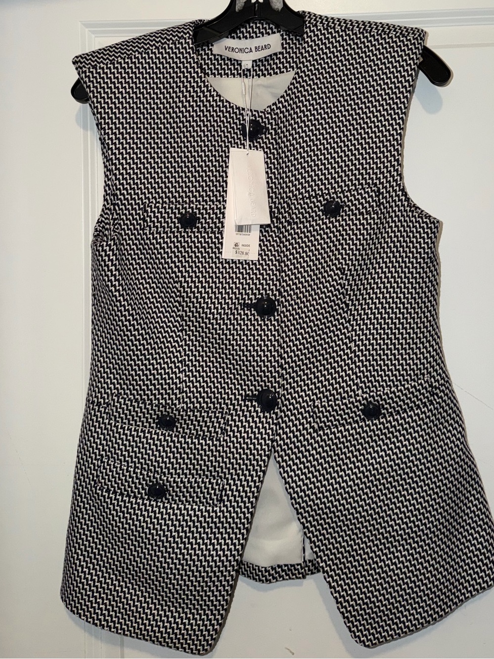 Veronica Beard Black & White Houndstooth Double-Breasted Sleeveless Vest
